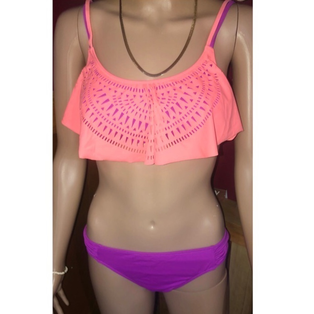Pink VS Coral and Purple laser cut out bikini size Medium